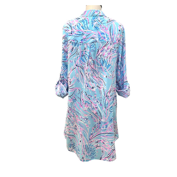 Lilly Pulitzer Natalie Shirtdress Cover-Up SZ Small Blue Pink Ocean Beach Fish - Picture 2 of 7